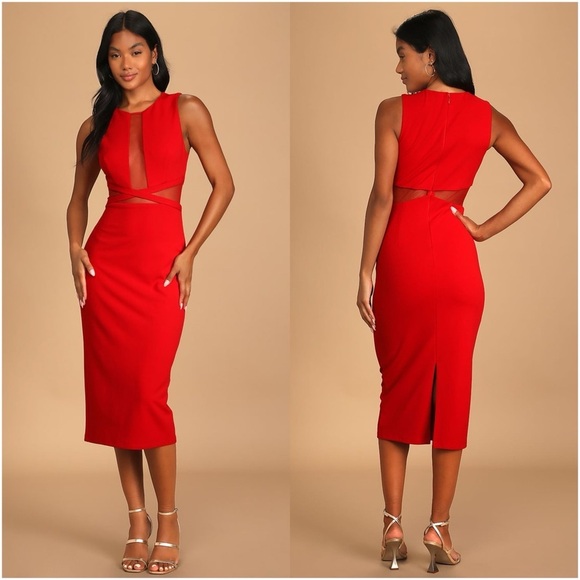 LULU’S Not Meshing Around Red Cutout Bodycon Midi Dress - Picture 1 of 7